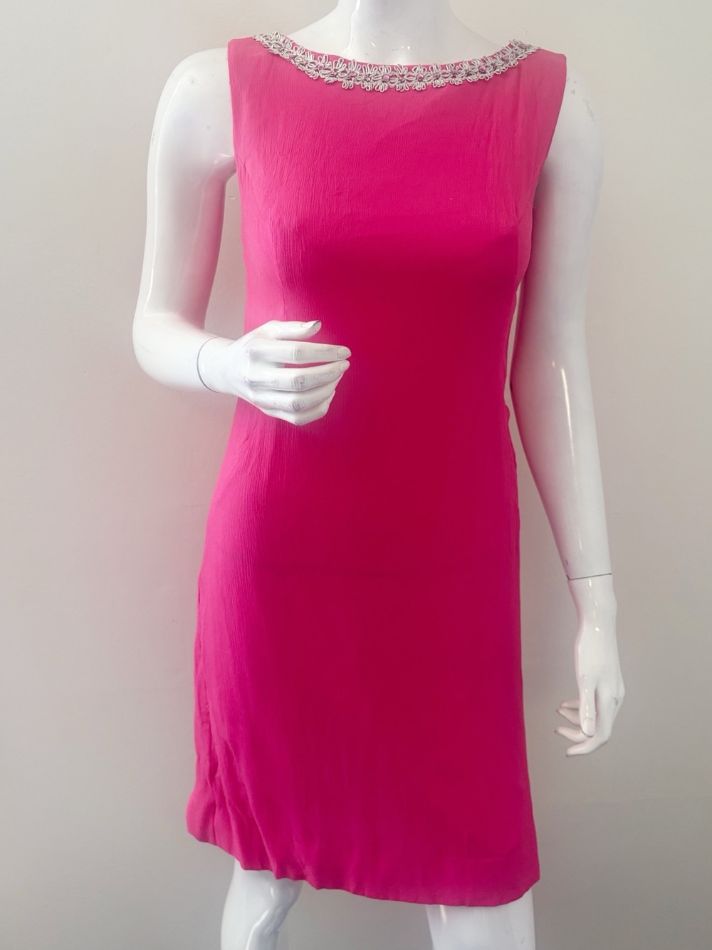 Vintage Pink Fuchsia Floral & Rhinestone Embellishments Mini Dress w Back Sash